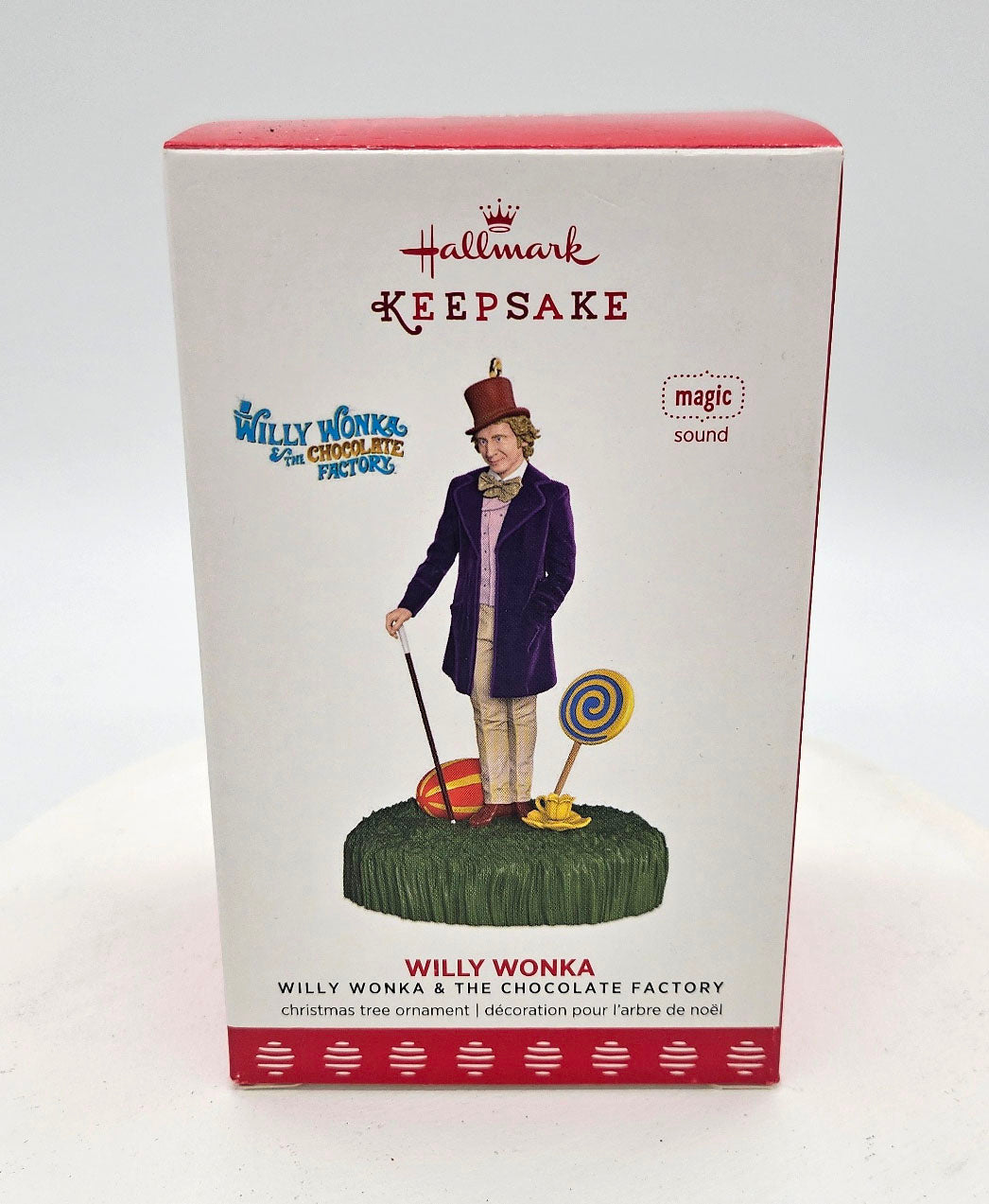 Hallmark Keepsake Christmas ornament packaging featuring Willy Wonka from 'Willy Wonka & the Chocolate Factory'.