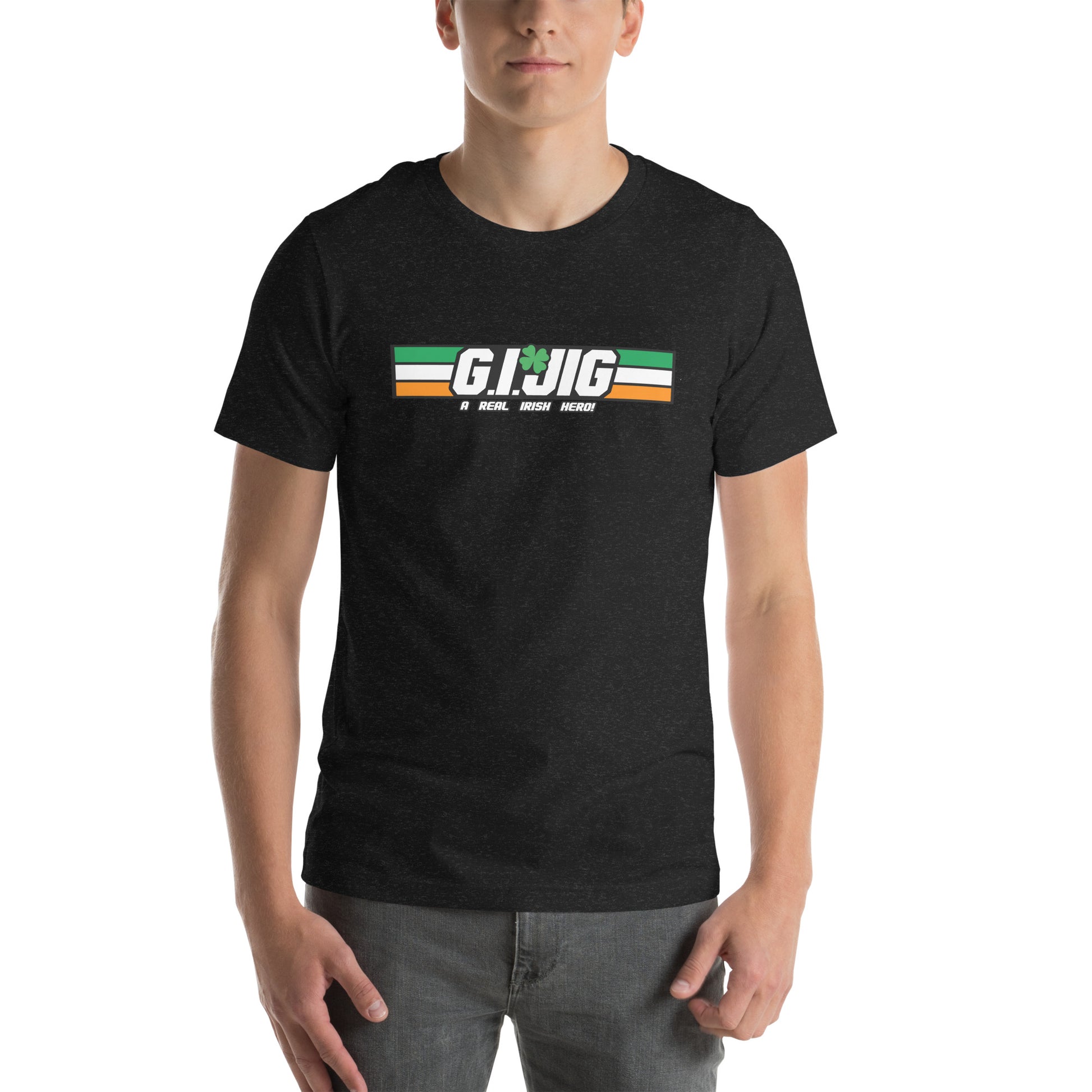 A tshirt with GI Jig on it in the style of GI Joe. Under it is A Real Irish Hero