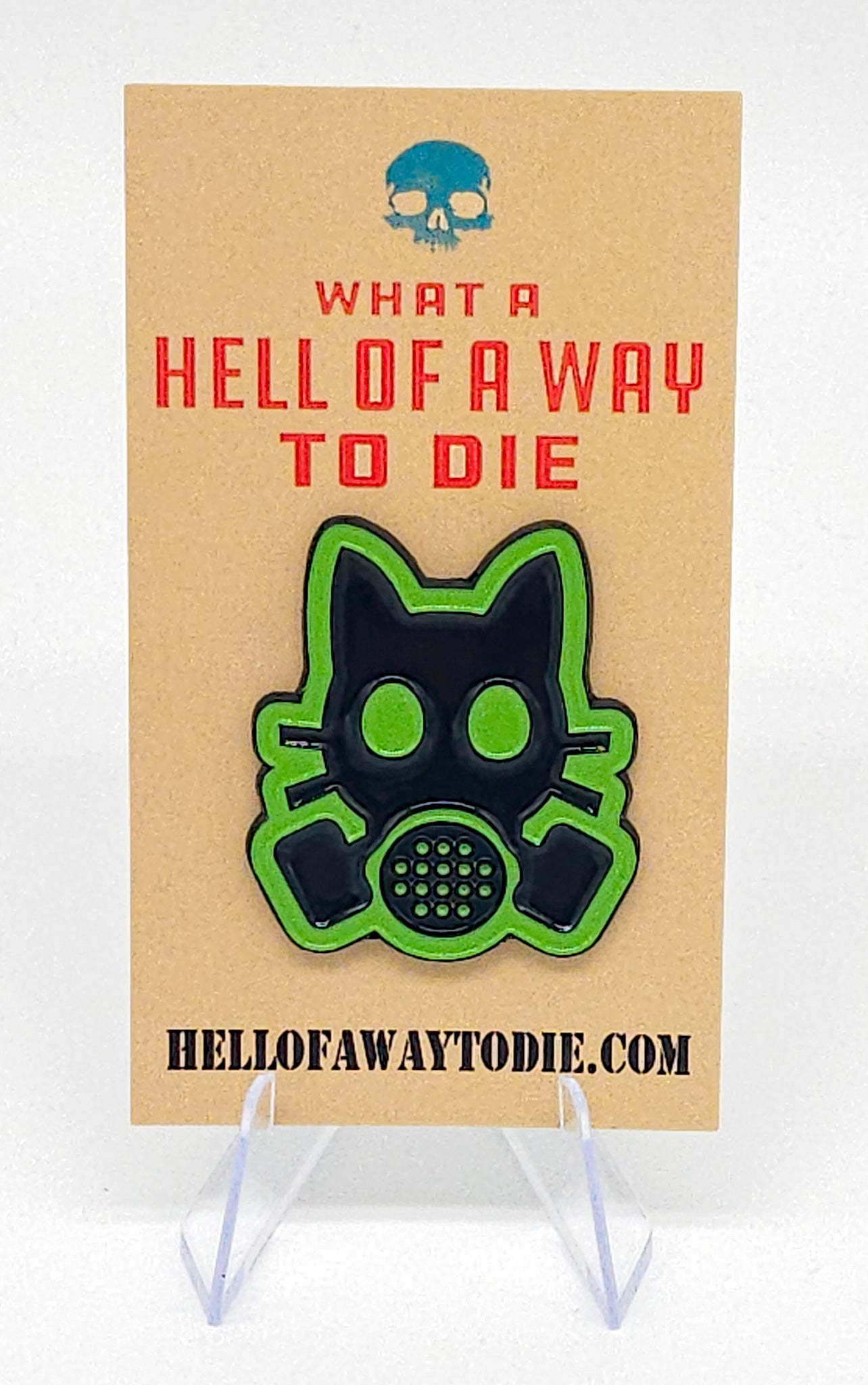 A cat head with a gas mask and a green glow